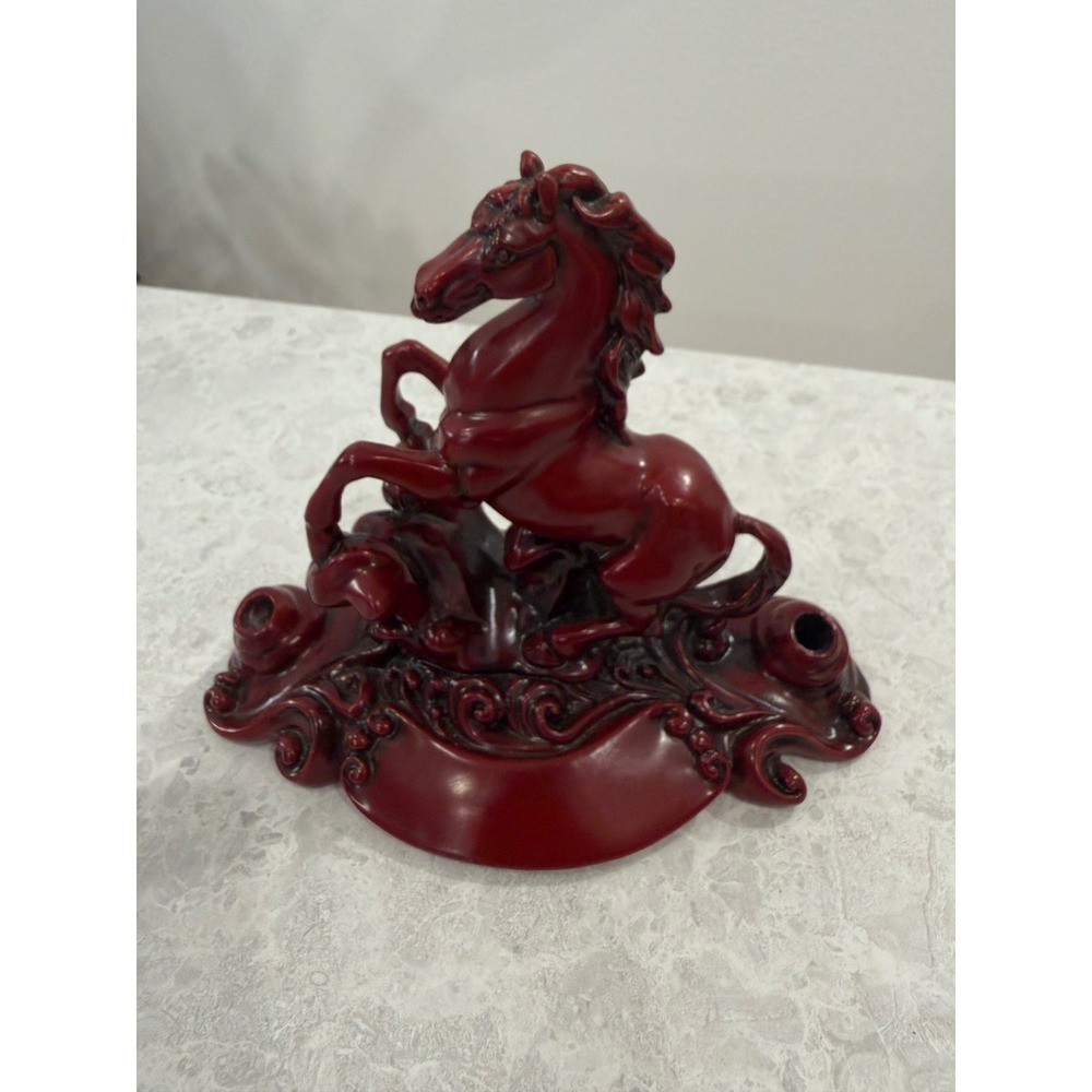 Vintage Red Resin Rearing Horse Figurine Ornate Scrolled Base Equestrian Decor